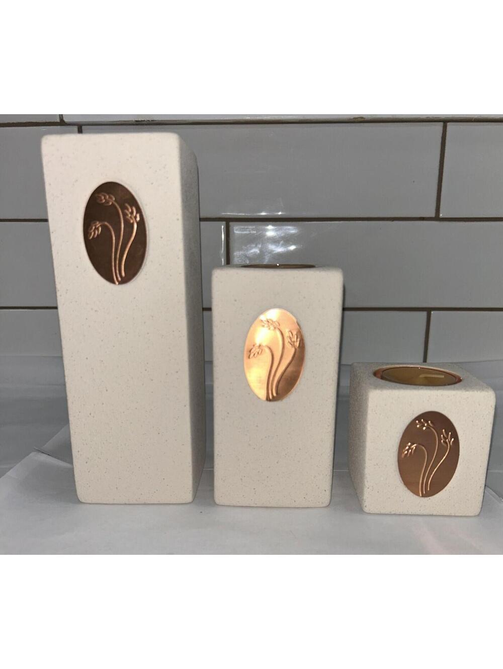 PartyLite Medallion Tealight Trio 3 P7201 – Embossed Copper Botanical Pillars
